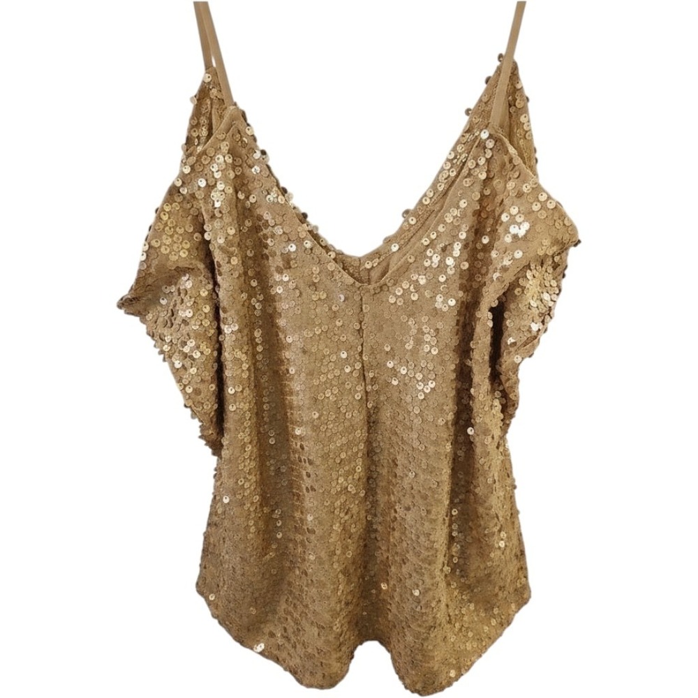 Lily White Womens Gold Sequin V-Neck Cami Top Spaghetti Strap Size Small Evening